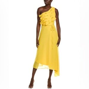 Maison Tara One-Shoulder Yellow Ruffle Asymmetrical Midi Dress